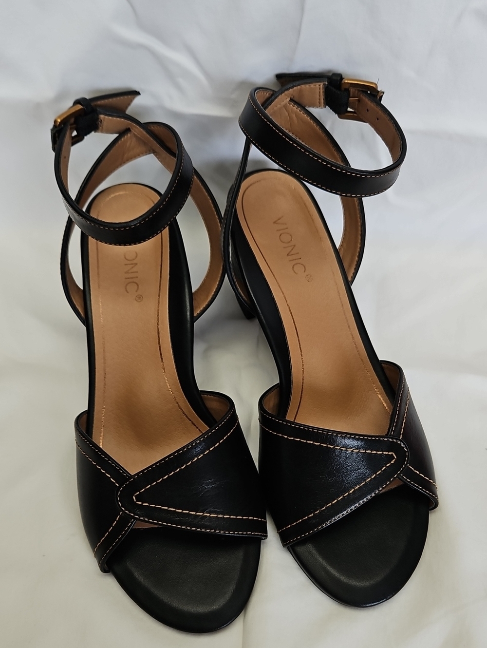 NWOT Vionic Black Leather Ankle-Strap Heeled Sandals